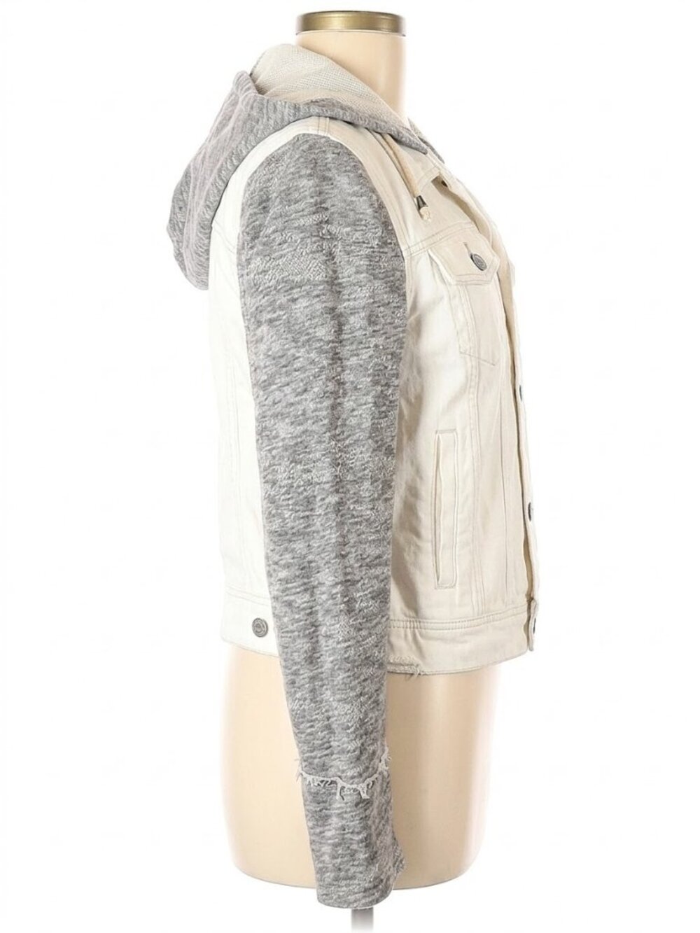 Free People White Gray Knit Sleeve Hooded Distressed Denim Jean Jacket M| Grunge - Picture 4 of 7
